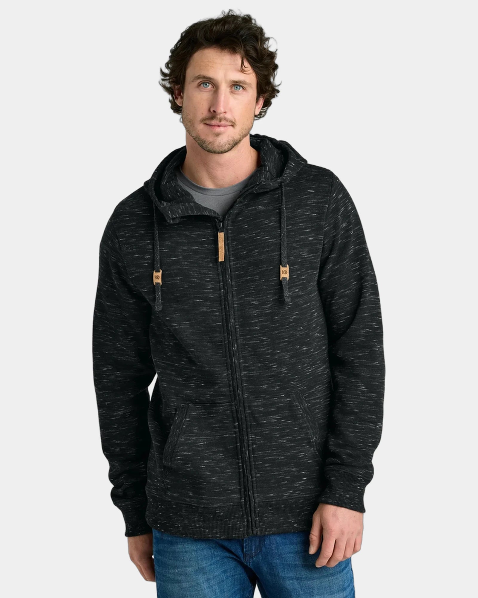 Custom organic cotton Tentree full-zip fleece hoodie - Meteorite Black Space Dye